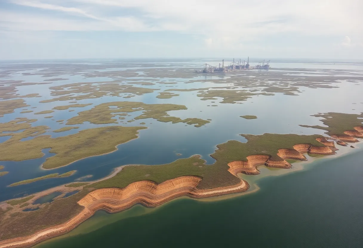 Aerial view of eroded coastal wetlands in Louisiana