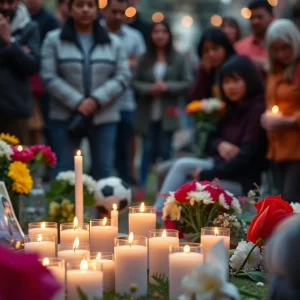 Candles and flowers set up in memory of a young soccer player.