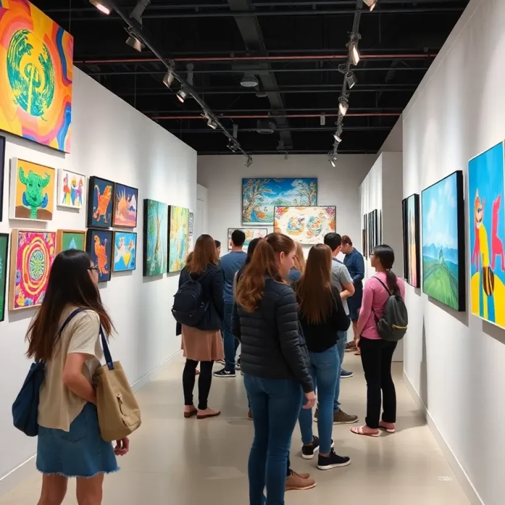 Students and visitors at the Coronado art exhibition showcasing student artworks.