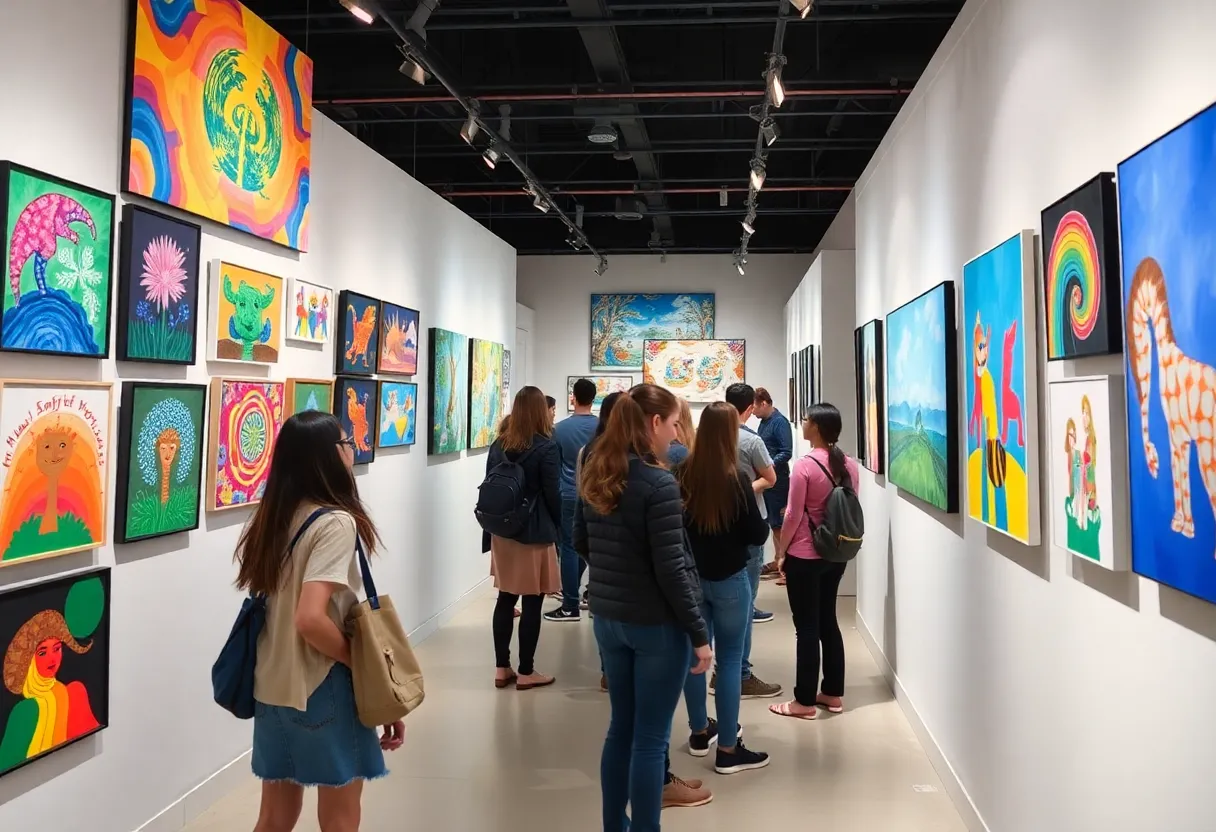 Students and visitors at the Coronado art exhibition showcasing student artworks.