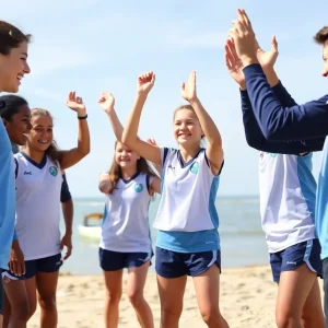 Young athletes in colorful uniforms celebrating together by the beach