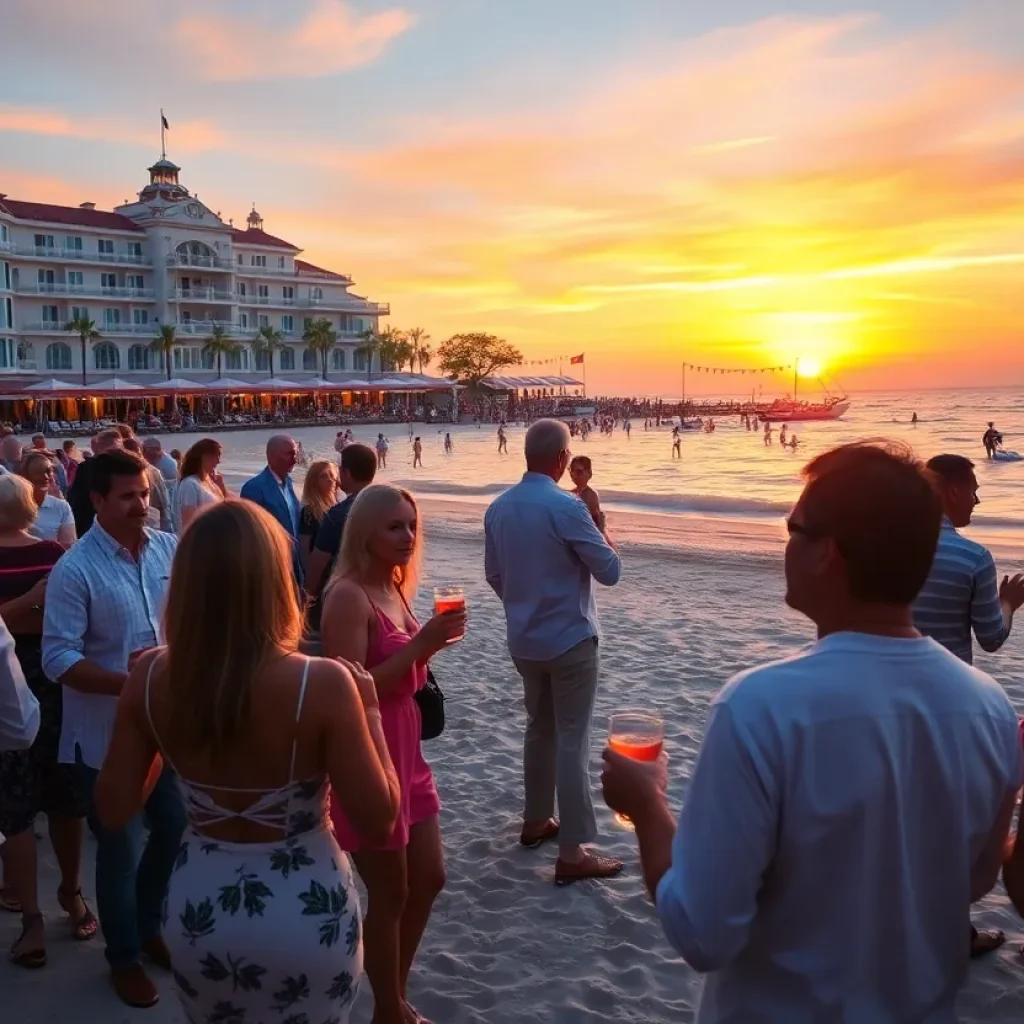 People enjoying a beach event at sunset with drinks and dancing near a historic hotel.