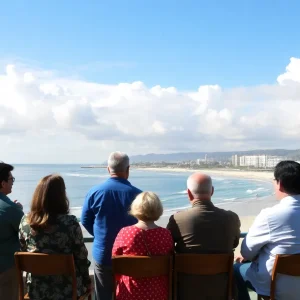 Community discussion at Coronado beach under cloudy skies