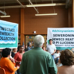 Residents discussing sewage crisis at community forum