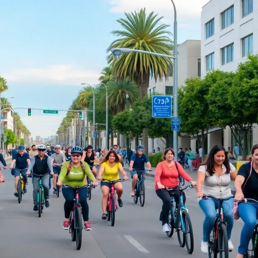 Diverse group of cyclists and pedestrians in Coronado promoting e-bike safety