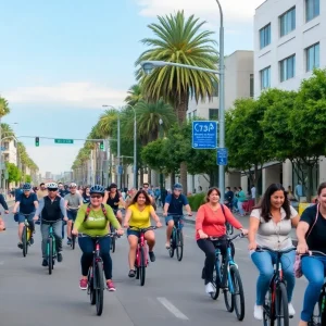 Diverse group of cyclists and pedestrians in Coronado promoting e-bike safety