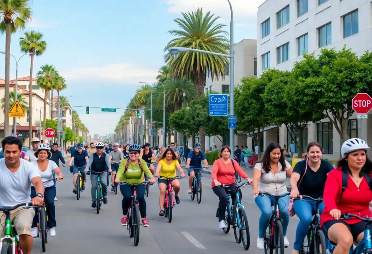 Diverse group of cyclists and pedestrians in Coronado promoting e-bike safety