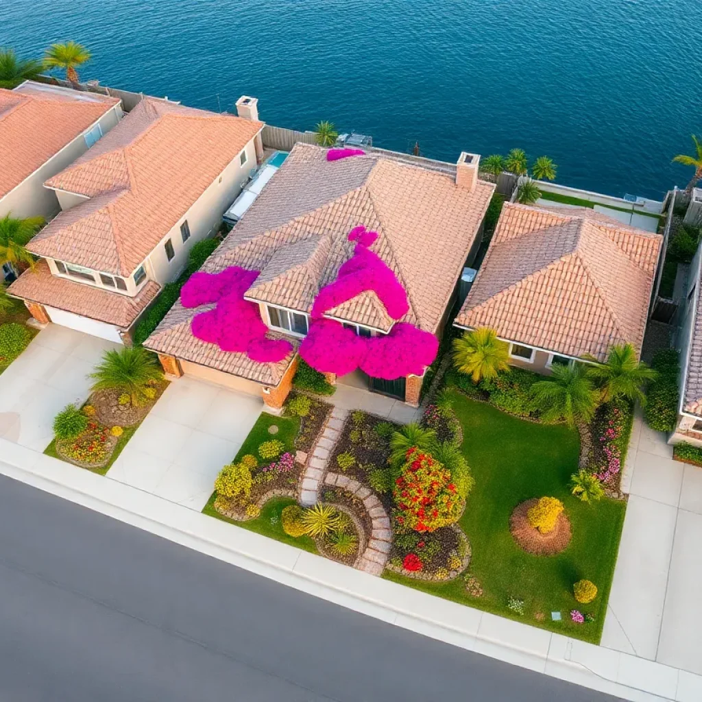 Aerial view of Coronado showcasing eco-friendly homes with floral decorations