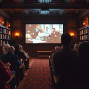 Audience enjoying a classic film screening at the Coronado Library.
