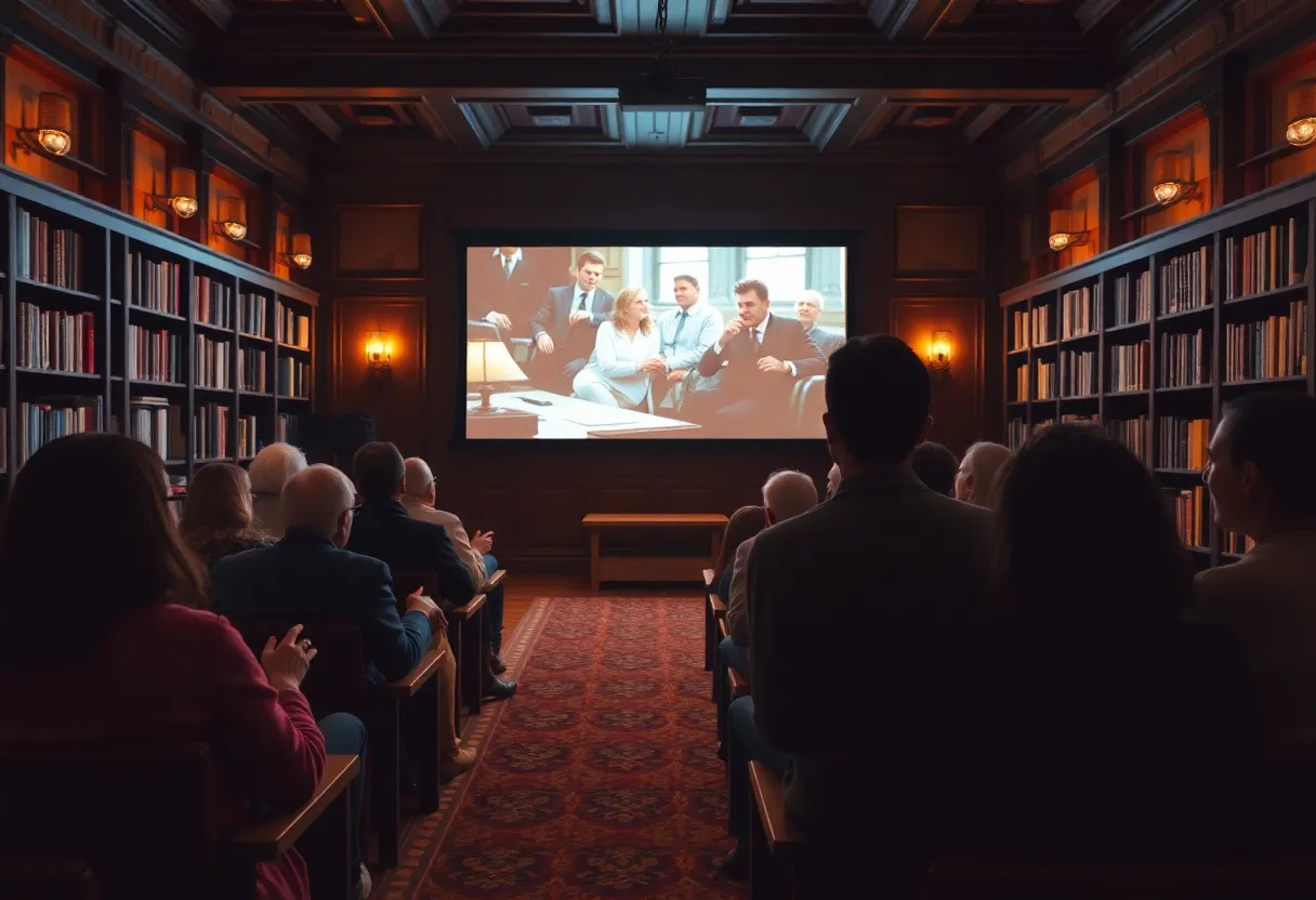 Audience enjoying a classic film screening at the Coronado Library.