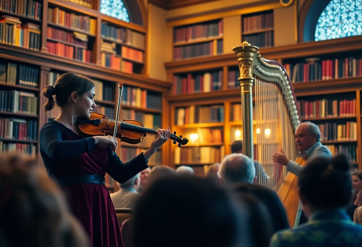 Violin and harp duet performance at Coronado concert
