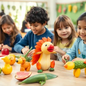 Children creating animal art with fruits and vegetables at Coronado workshop