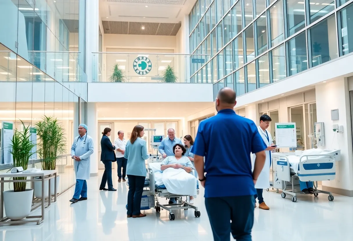 Exterior view of Sharp Coronado Hospital with healthcare staff.