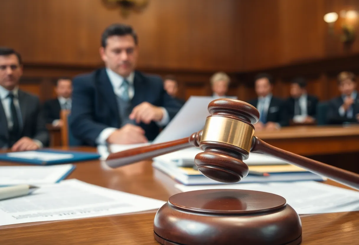 Courtroom scene illustrating the legal battle between Newsmax and Dominion Voting Systems.