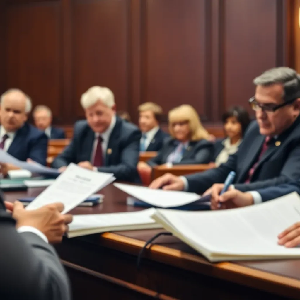 Courtroom scene depicting a legal battle over discrimination claims.