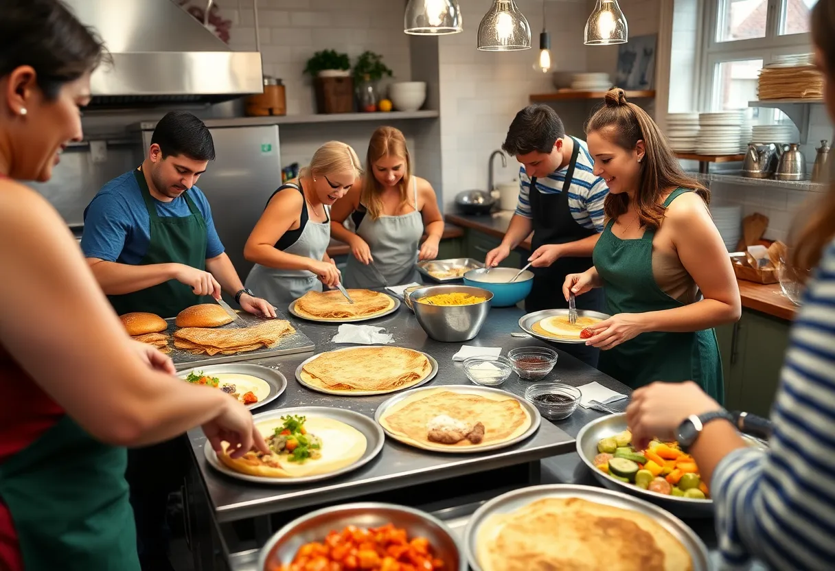 Participants making crépes in a class in Coronado