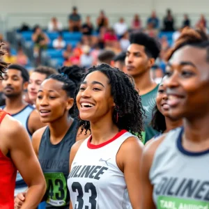A diverse group of young athletes showing teamwork and sportsmanship while competing in a sports event.