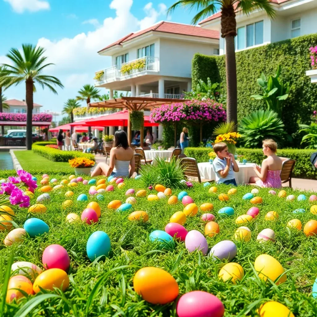 Families enjoying an Easter Brunch in lush garden setting with Easter eggs