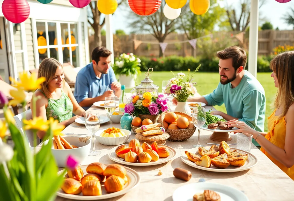 Families celebrating Easter brunch outdoors in San Diego