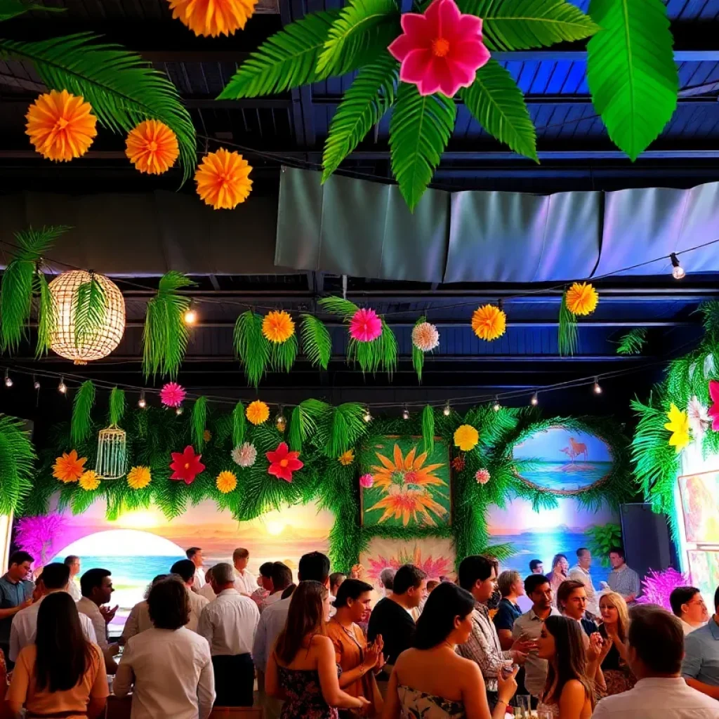 Attendees enjoying the Hawaiian-themed fundraiser with art auction and entertainment.