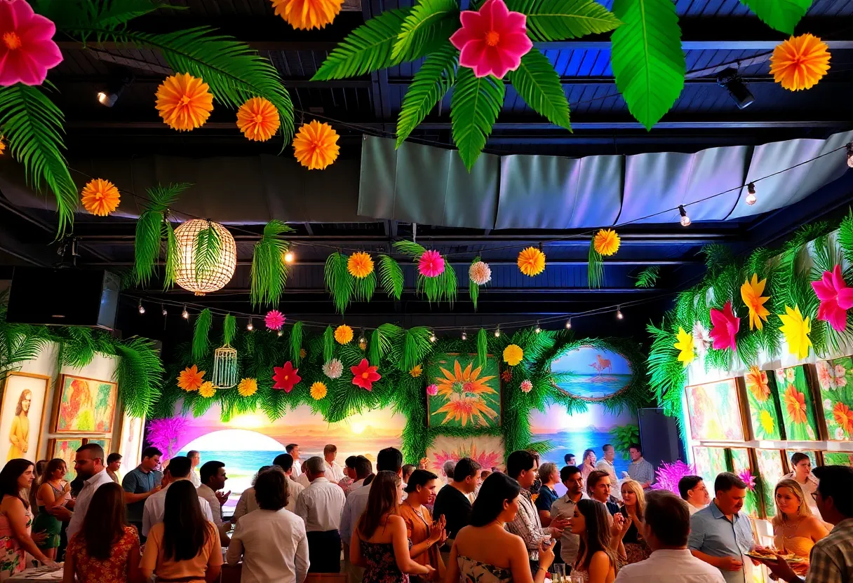 Attendees enjoying the Hawaiian-themed fundraiser with art auction and entertainment.