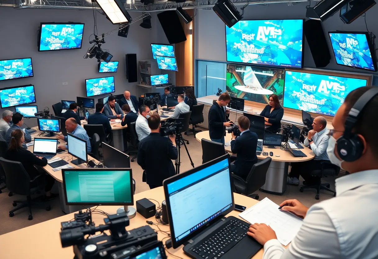 Journalists working in a modern newsroom
