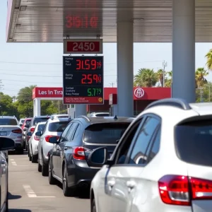 Busy gas station in Los Angeles with rising gas prices