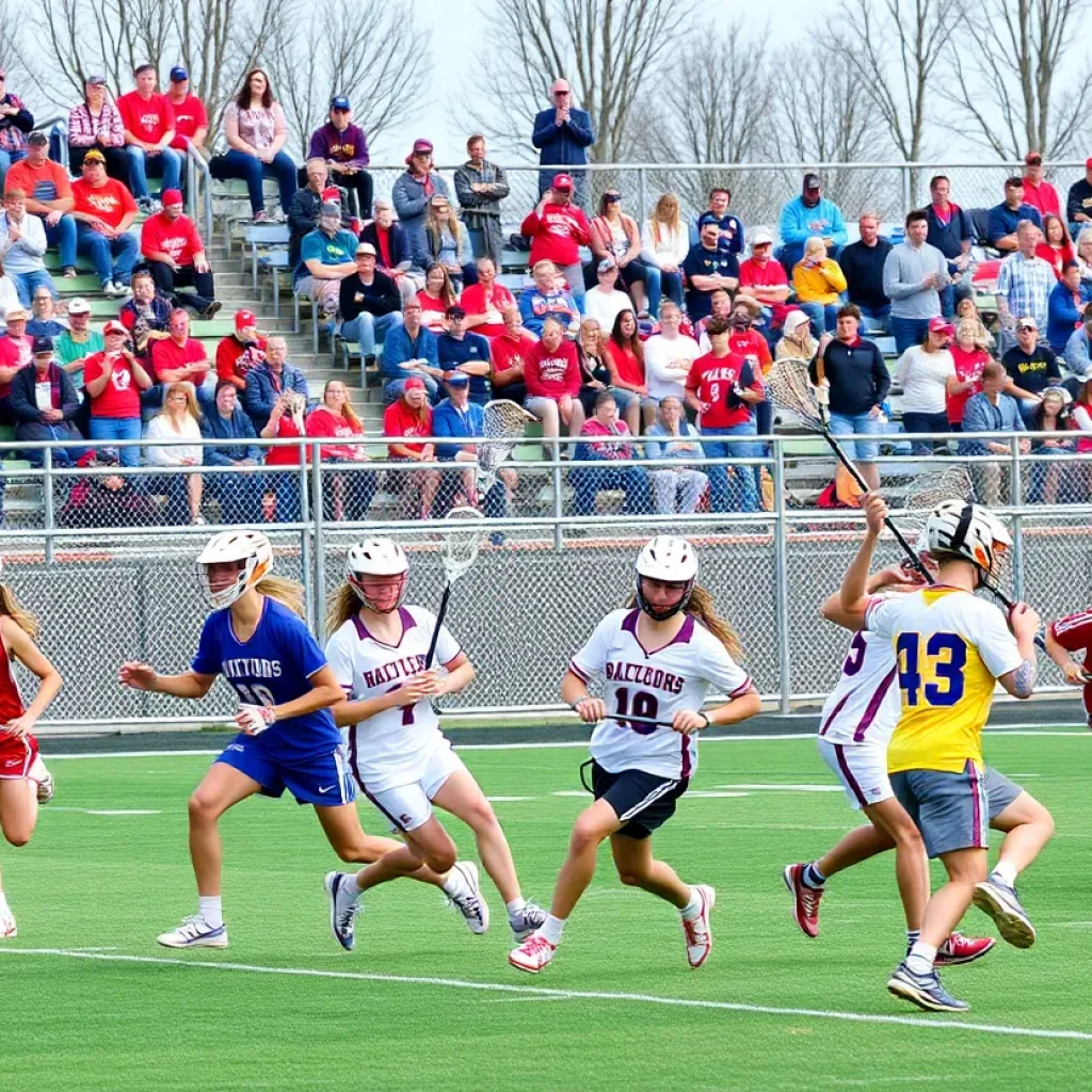 High school lacrosse players in action during a game