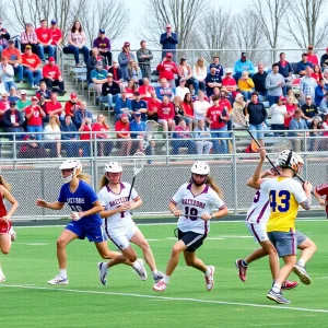 High school lacrosse players in action during a game