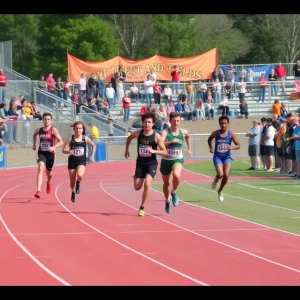 High school athletes competing at a track and field event.