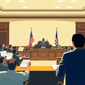 Courtroom depicting legal proceedings on citizenship rights.