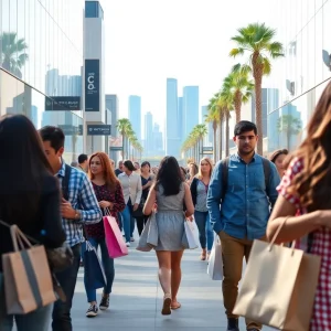 Shopping scene in Los Angeles with consumers and city skyline