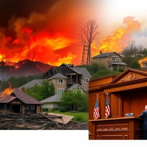 An artistic representation of wildfire damage and legal proceedings.