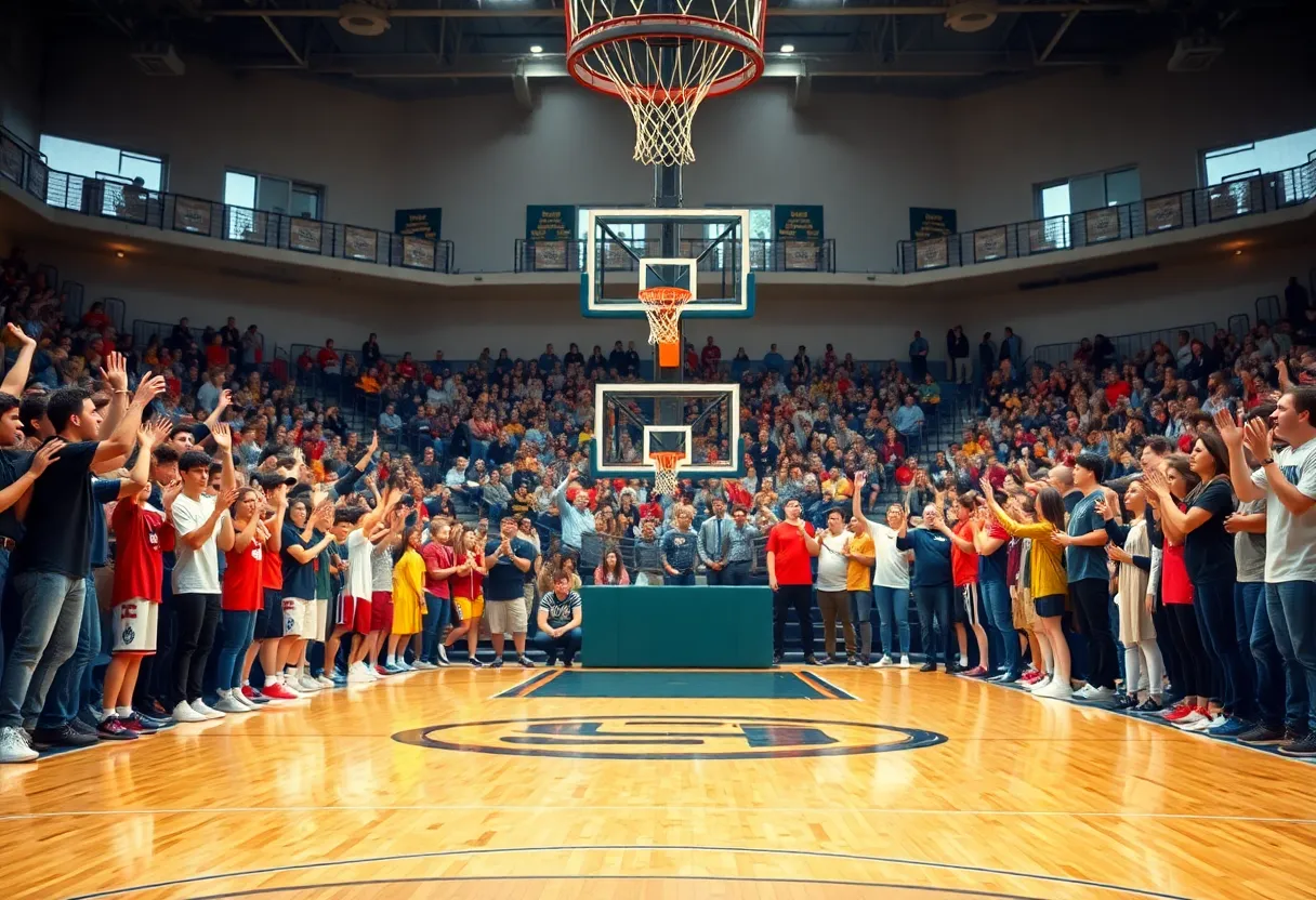 Excited fans cheering at a high school basketball game in Lubbock