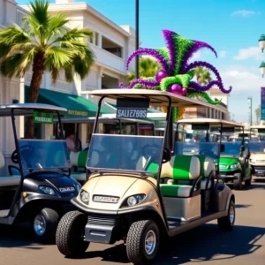 Luxury golf carts parked on a sunny street in Coronado.