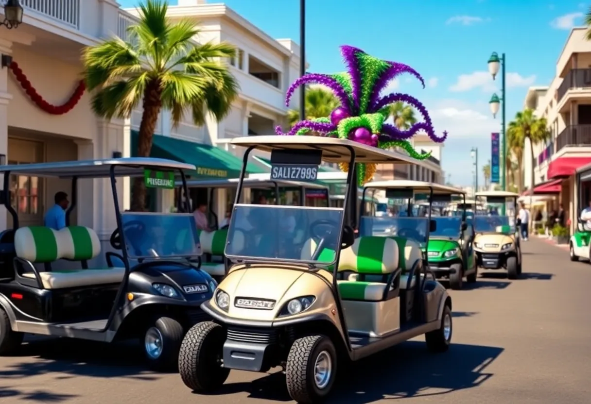 Luxury golf carts parked on a sunny street in Coronado.