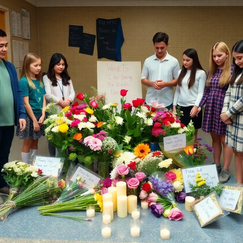 Memorial scene with flowers and supportive messages for Gabriel Palacios