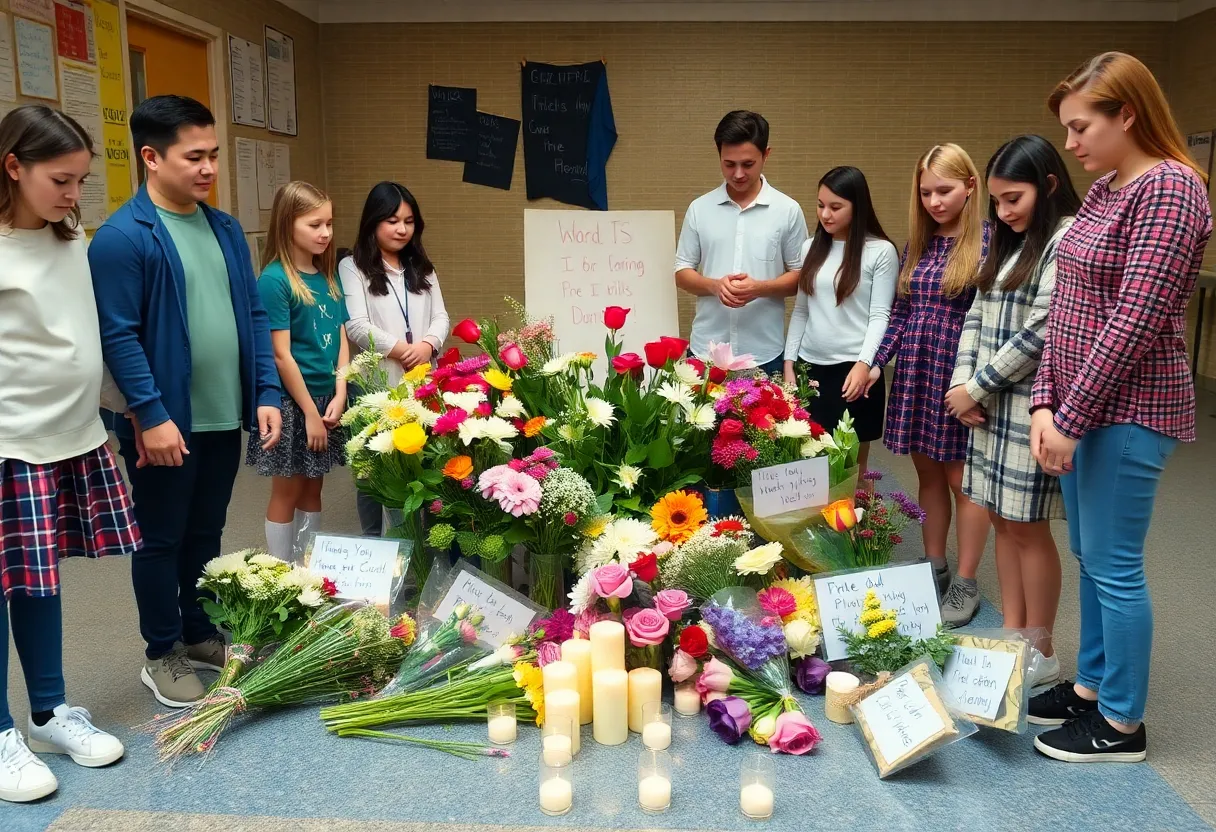 Memorial scene with flowers and supportive messages for Gabriel Palacios