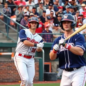 Action shot of a college baseball game with players and fans
