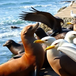 Sea lions and birds recovering from a toxic algae bloom at a rescue facility.