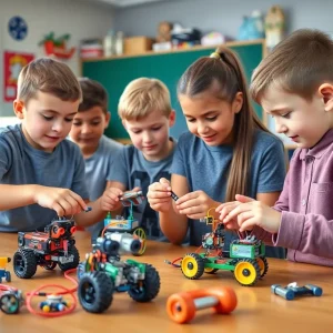 Students collaborating on robotics projects in a classroom.