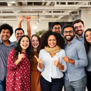 Employees celebrating in a modern office environment