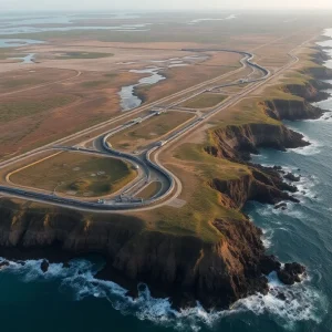 Coastal scenery showing pipeline operations with environmental damage indicators.