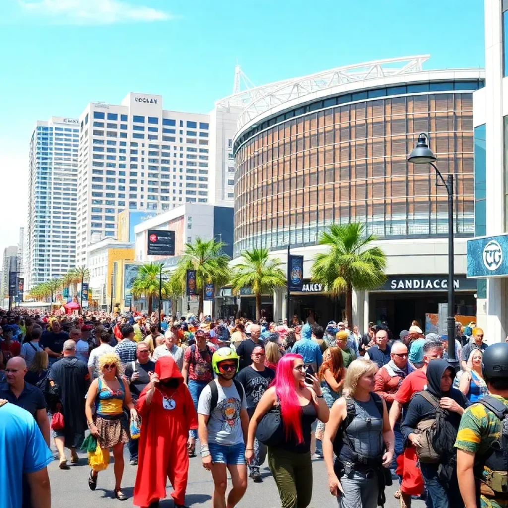 Crowd of fans in costumes during Comic-Con near downtown hotels