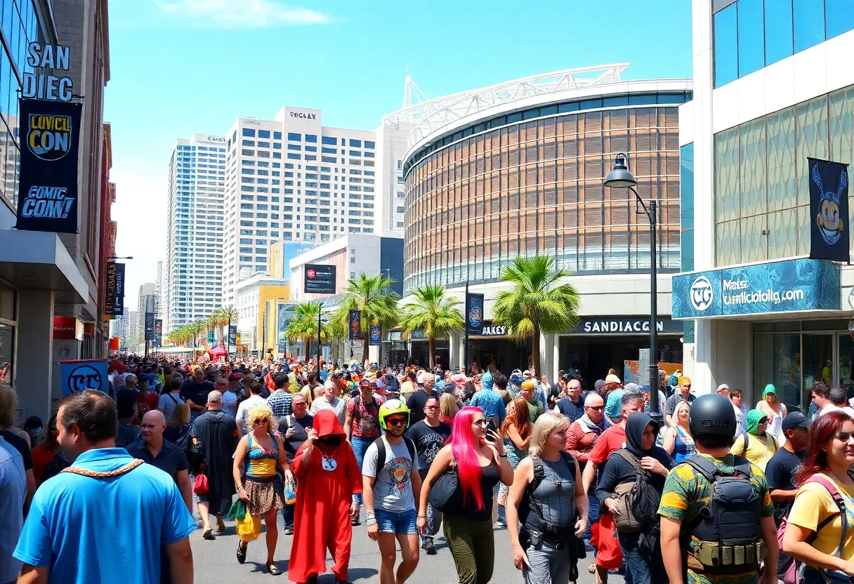 Crowd of fans in costumes during Comic-Con near downtown hotels