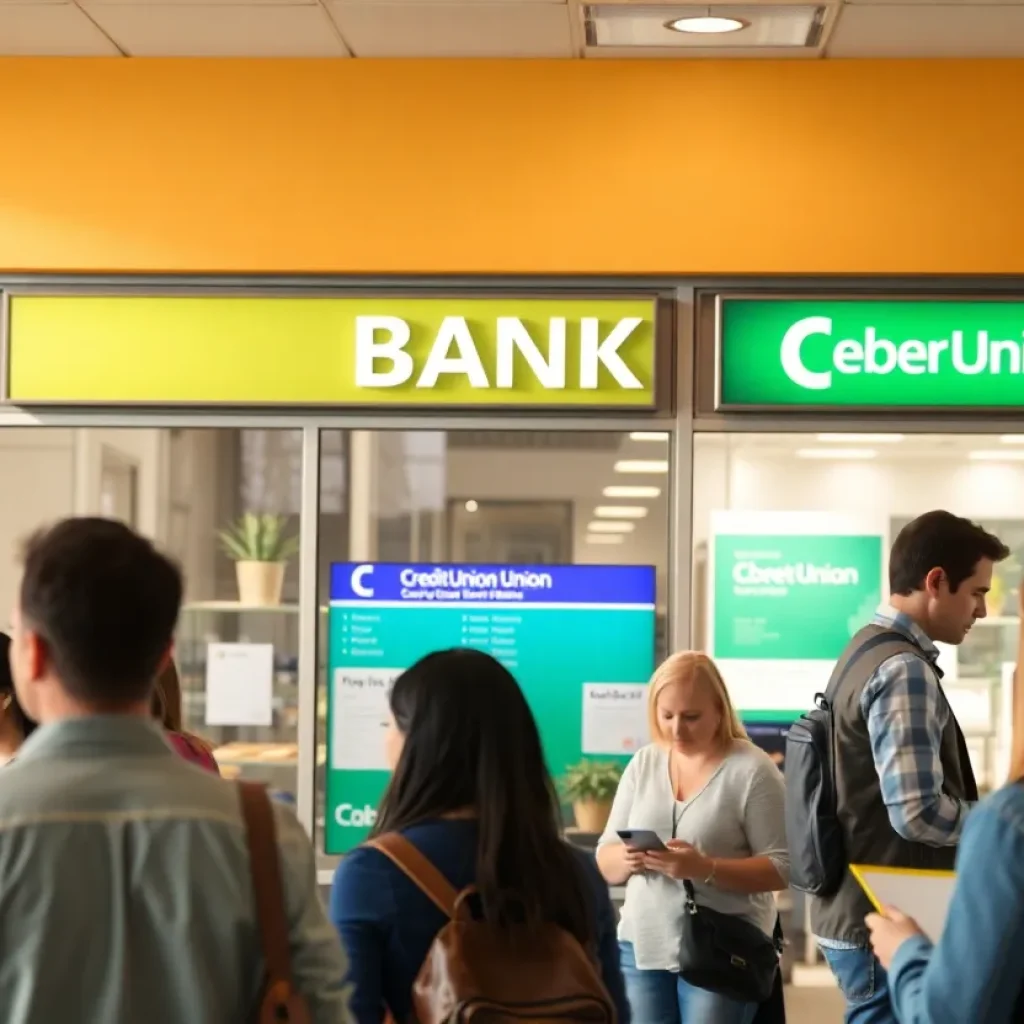 Community bank scene in San Diego with diverse people interacting