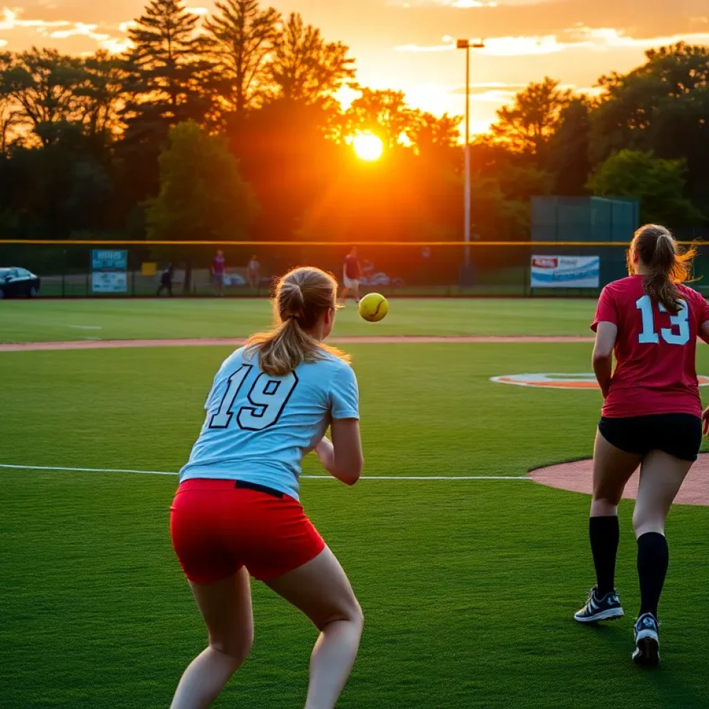 Softball players in action during a game at San Diego