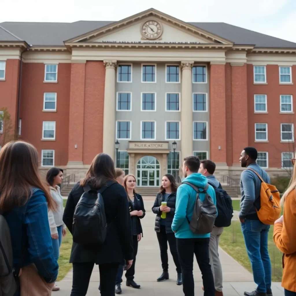 Students gathered outside a university building discussing educational experiences.