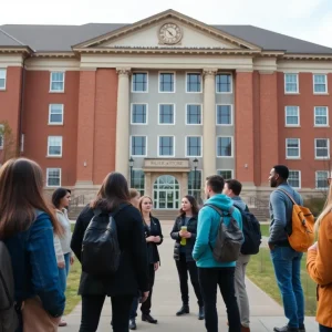 Students gathered outside a university building discussing educational experiences.