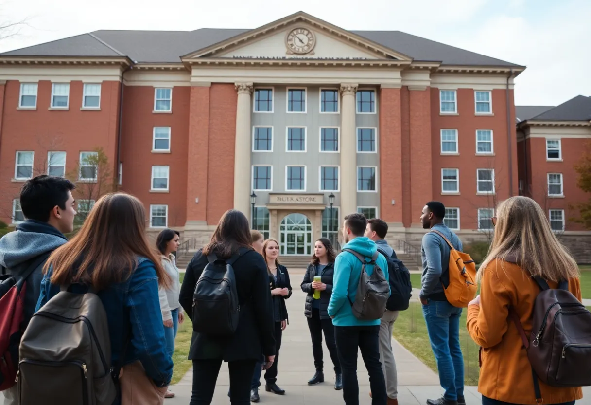 Students gathered outside a university building discussing educational experiences.